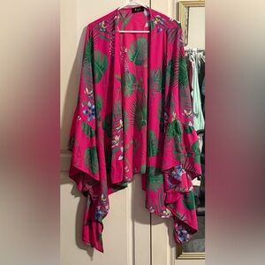 Pink and Green Floral Cape with Flowing Sleeves